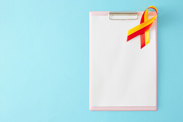 The concept against viral hepatitis. Top view flat lay of empty clipboard organizer, awareness ribbon on pastel blue background with blank space for text