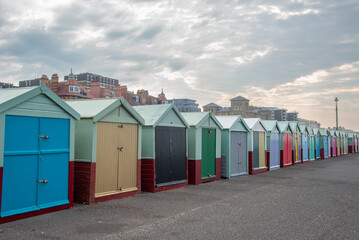 Fototapeta na wymiar Colorful wooden beach huts on the coastal route in Brighton united Kingdom