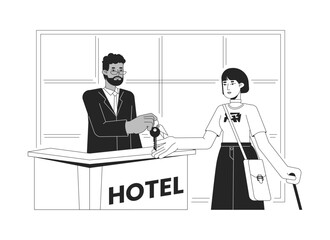 Hotel front desk check in bw vector spot illustration. Concierge giving key to female hotel guest 2D cartoon flat line monochromatic characters for web UI design. Editable isolated outline hero image