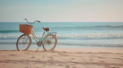 a bicycle parked on the beach with a basket on the front. generative ai
