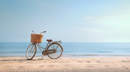 Fototapeta na wymiar a bicycle parked on the beach with a basket on the front. generative ai