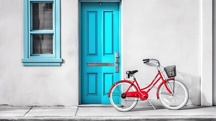 Fototapeta na wymiar a red bike parked in front of a blue door and window. generative ai