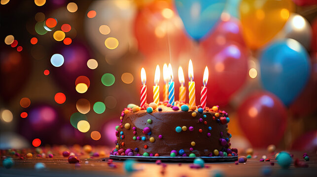 Colorful Birthday Cake with Birthday Candles and Confetti, Celebrate a Happy Birthday - Generative Ai