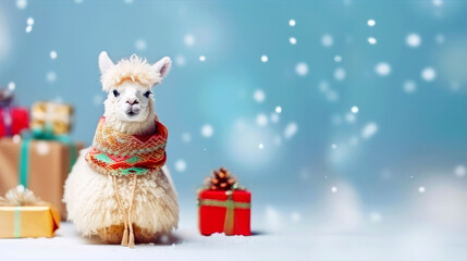 Cute funny llama on blurred Christmas background with copy space. Alpaca with Christmas gift boxes. Concept for Christmas card. Generative AI.