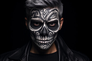 Makeup portrait of a skull face for Halloween in a black background - Powered by Adobe