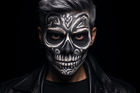 Makeup portrait of a skull face for Halloween in a black background