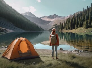 Camp in the mountains near of the lake. Bivouac on the lake in the Alps. Created with Generative AI technology.