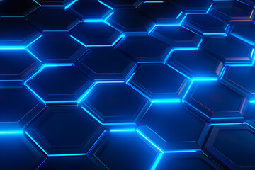 Obraz na płótnie Canvas Abstract futuristic digital geometric technology hexagon background banner panorama illustration, seamless pattern - Dark blue glowing hexagonal 3d shape texture | Generative AI