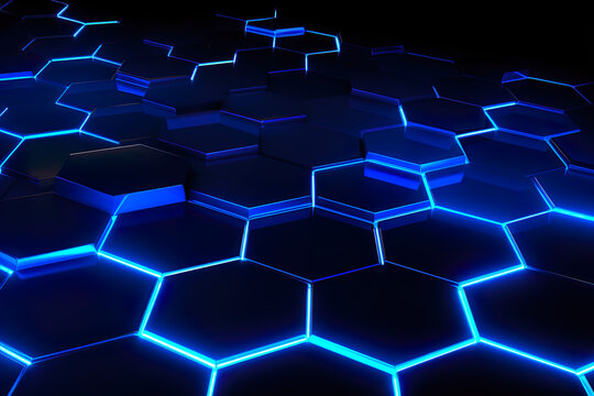 Abstract futuristic digital geometric technology hexagon background banner panorama illustration, seamless pattern - Dark blue glowing hexagonal 3d shape texture | Generative AI