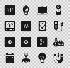 Set Magnet, Nuclear power plant, Electric extension, Laptop, Resistor in electronic circuit, Ampere meter, multimeter, DC voltage source and Music player icon. Vector
