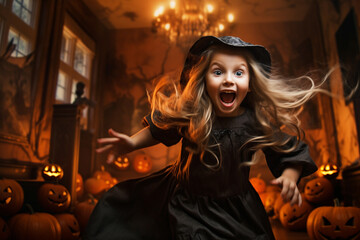 Young girl wearing a Halloween costume picking up candy in the street