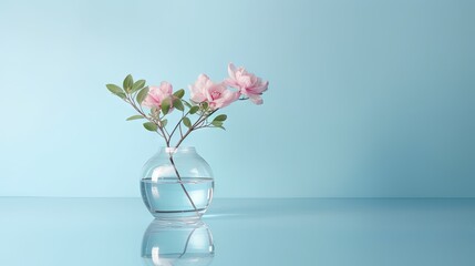  a glass vase filled with pink flowers on a blue surface.  generative ai