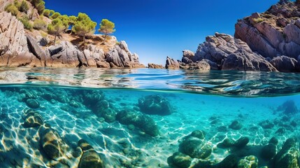  the water is crystal clear and clear with rocks in the background.  generative ai