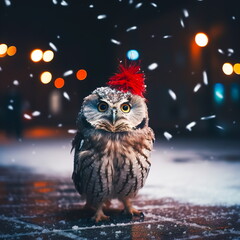A funny cute owl stands on a snowy street under the snow against the background of colored lights.Christmas card theme.Generative AI