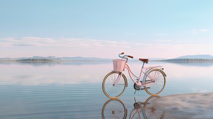 Fototapeta premium a pink bike parked on the shore of a lake with a basket on the front. generative ai