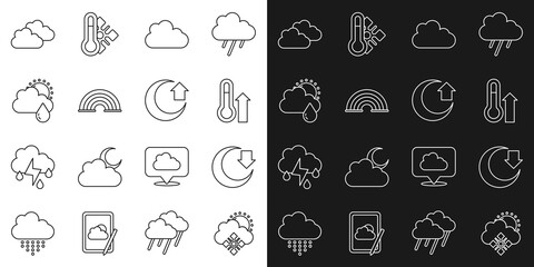 Set line Cloud with snow and sun, Moon, Meteorology thermometer, Rainbow, rain, and icon. Vector