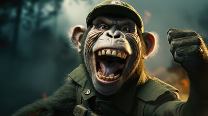 Portrait of an aggressive ape with a beastly grin. The concept of maladaptive aggression. Monkey with a grenade. Generative AI