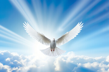 Spirit of god background banner panorama - White dove with wings wide open in the blue sky air with clouds and sunbeams | Generative AI