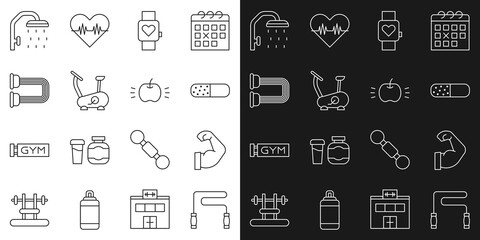 Set line Jump rope, Bodybuilder muscle, Vitamin pill, Smart watch, Stationary bicycle, Chest expander, Shower head and Apple icon. Vector