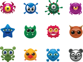 Fotobehang Cute colorful Monsters Vector Set. Funny characters with different emotions. Cartoon character design for gaming, poster, stickers, baby products logo and packaging design. Collection of little monste © Ku125