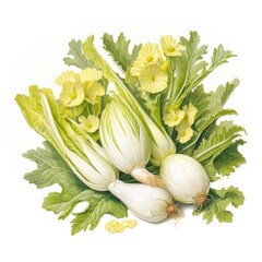 A pile of Belgian Endive and their flowers and leaves. Generative AI