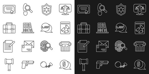 Set line Law, pillar, Evidence bag and bullet, Police badge, Office folders, Briefcase, Certificate template and icon. Vector