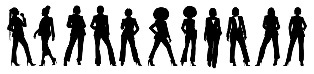Fototapeta na wymiar Vector illustration. Silhouette of women colleagues girlfriends in classic clothes. Businesswoman secretary. Big set of people.