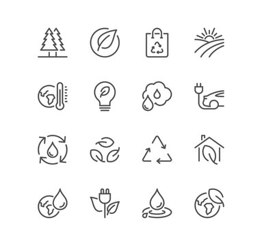 Set of ecology related icons, electric car, forest, organic farming, global warming and linear variety vectors.