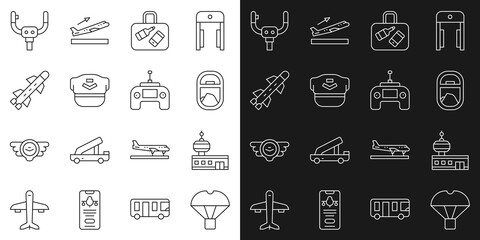 Set line Box flying on parachute, Airport control tower, Airplane window, Suitcase, Pilot hat, Rocket, Aircraft steering helm and Drone remote icon. Vector - obrazy, fototapety, plakaty