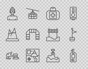 Set line Snowmobile, Identification badge, First aid kit, Folded map, Winter athlete, scarf, Award winner podium and Location marker icon. Vector