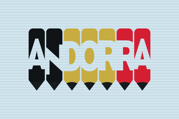Andorra text with Pencil symbol creative ideas design. Andorra flag color concept vector illustration. Andorra typography negative space word vector illustration. Andorra country name vector design.