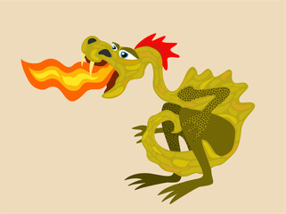 Year of Dragon. 2024. Vector isolated cute illustration of dragon with fire from the mouth.