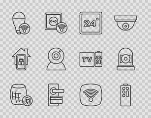 Set line Voice assistant, Remote control, Thermostat, Digital door lock, Smart light bulb, Web camera, Wi-Fi wireless internet network and Ringing alarm bell icon. Vector
