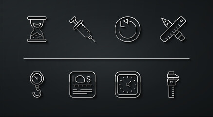 Set line Old hourglass with sand, Hand scale spring mechanical, Crossed ruler pencil, Clock, Area measurement, Syringe, Calliper or caliper and Radius icon. Vector