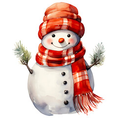 Cute watercolor snowman clipart with transparent background, created with generative AI technology