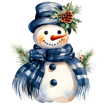 Cute watercolor snowman clipart with transparent background, created with generative AI technology