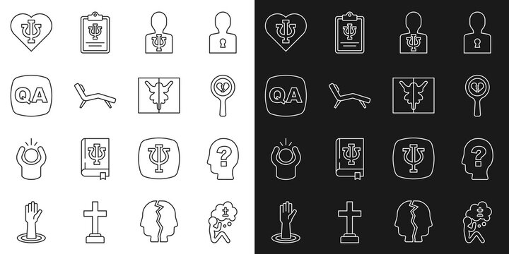 Set line Man graves funeral sorrow, Head with question mark, Broken heart divorce, Psychology, Psi, Armchair, Question and Answer, and Rorschach test icon. Vector