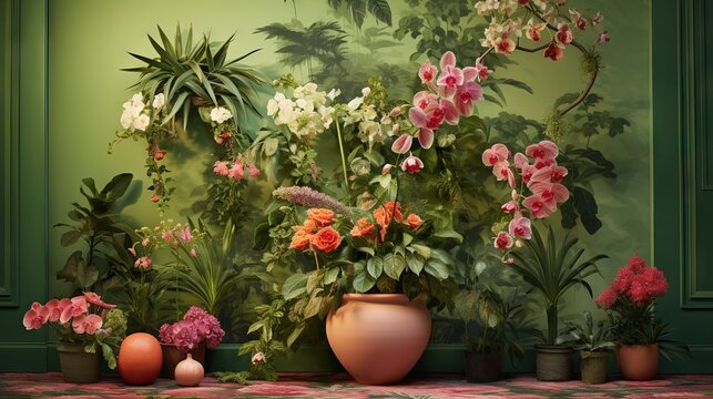  a painting of flowers in a room with a green wall.  generative ai