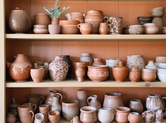 Pottery backgrounds, ceramics and shelf in studio, creative store or manufacturing startup. Clay products, collection and display in workshop, small business Created with Generative AI technology.