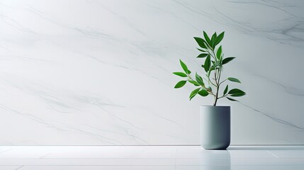  a green plant in a gray vase on a white table.  generative ai
