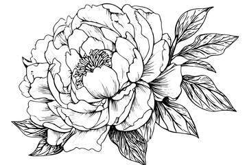 Peony flower and leaves drawing. Vector hand drawn engraved ink illustration - obrazy, fototapety, plakaty