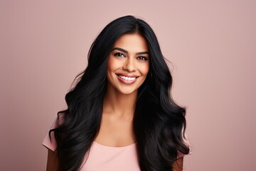 portrait of a smiling Indian woman with long hair clean background generative ai 