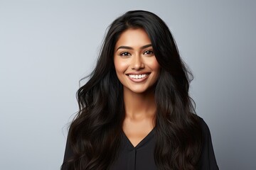 Fototapeta premium portrait of a smiling Indian woman with long hair clean background generative ai 