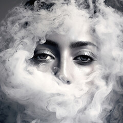 Face of young woman covered in smoke.