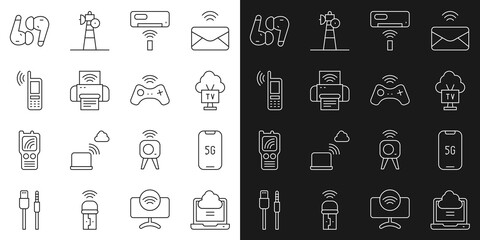 Set line Network cloud connection, Mobile with 5G, Smart Tv, Air conditioner, printer system, wi-fi wireless, headphones and Wireless gamepad icon. Vector