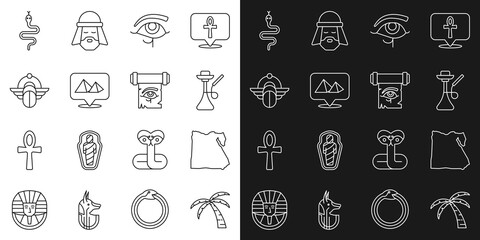 Set line Tropical palm tree, Map of Egypt, Hookah, Eye Horus, pyramids, Egyptian Scarab, Snake and on papyrus scroll icon. Vector