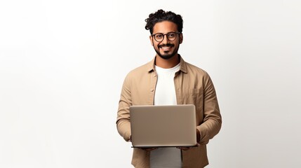 Indian young businessman with a laptop with white background generative ai