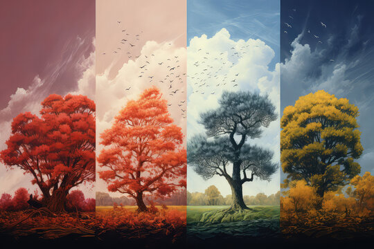 Creative collage drawing with change of seasons, natural landscape with tree in different seasons. Generative AI illustration.