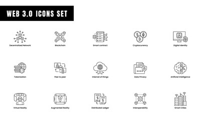Web3 icons web3.0 modern vector icon set. Modern Digital Assets for Next-Gen Websites. Decentralized, virtual reality, blockchain Web3 Icons. 
