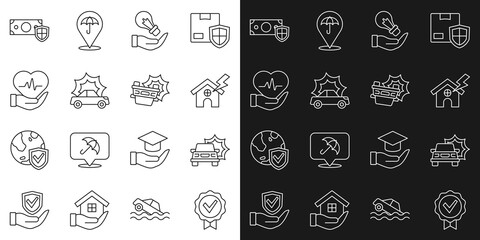 Set line Approved and check mark, Car accident, House lightning, Light bulb hand, Life insurance, Money with shield and icon. Vector